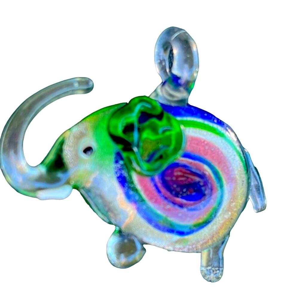 VTG Hand Blown Studio Art Glass ELEPHANT PENDANT for Necklace Swirl Ornament 2”